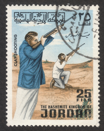 MOSCOW RUSSIA - CIRCA DECEMBER 2017: a post stamp printed in JORDAN dedicated to the World Clay-pigeon Shooting Championship, circa 1972のeditorial素材
