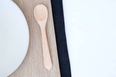 wooden spoon and tableclothの写真素材