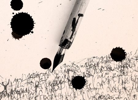 ancient pen and inkblot on calligraphy paperの写真素材