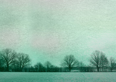 trees stands on horizon in empty white field. Watercolors Background - Vintage art creation