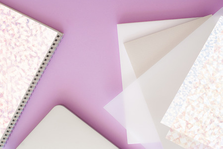 top view - designer desktop - creative paper - text spaceの写真素材