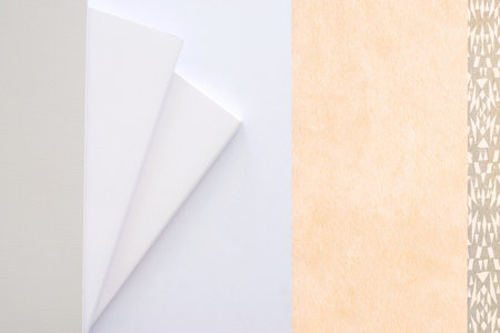 Creative designer desktop from above with design objects, copyspace for your text - top view