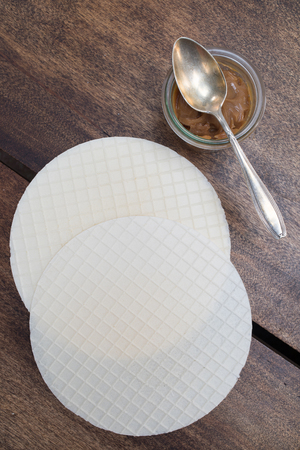 waffles - obleas on wooden background - spoonの写真素材