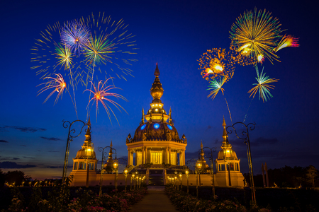 Fireworks over Buddhist Pagoda in twilight at Wat Thung Setthi, Khoankaen, Thailand (In Thailand, Buddhist temples are all public domain)の写真素材