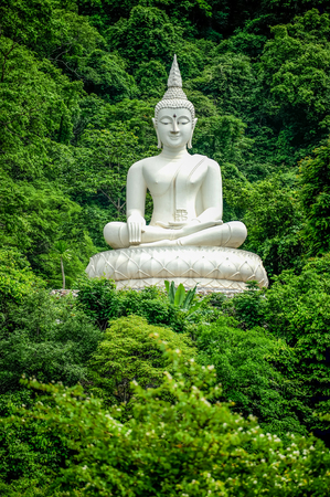 White Buddha Image on hill surrouned by treesのeditorial素材