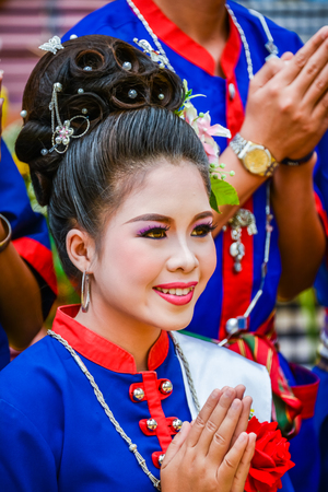 NAKORN PHANOM, THAILAND - FEBRUARY 14, 2015: Thai northeastern dance in Phutai world event day in Renunakorn of Nakorn Phanom, Thailandのeditorial素材