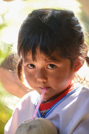 CHIANGMAI, THAILAND - JANUARY 24, 2015: Indigenous little girl sucking coconut jiuice in 22nd Traditional Skirt Fabric and The Indigenous Product and Culture Festival in Chainagmai, Thailandのeditorial素材