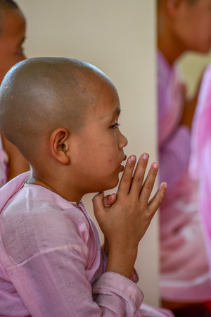 DAWEI, MYANMAR - JULY 11, 2015: Nuns in pink robes chanting in front of Buddha Image in Buddhist temple in Dawei of Myanmar.のeditorial素材