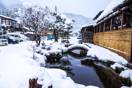 Gifu, Japan - December 12, 2013: Shirakawago,  the tourist destination, in winter with snow falling in Gifu, Japanのeditorial素材
