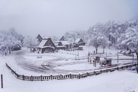 Gifu, Japan - December 12, 2013: Shirakawago, world heritage village, the tourist destination, in winter with snow falling in Gifu, Japanのeditorial素材