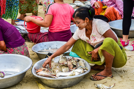 Dawei, Myanmar - July 12, 2015: Fresh market, where sellers and buyers meet to sell and buy fresh and raw food in Dawei, Myanmarのeditorial素材