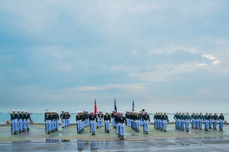 Pattaya, Thailand - November 15, 2017: Thai navy demonstating Fancy Drill in International Fleet Review 2017 at the beach of Pattaya, Thailand.のeditorial素材