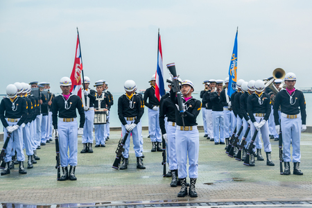 Pattaya, Thailand - November 15, 2017: Thai navy demonstating Fancy Drill in International Fleet Review 2017 at the beach of Pattaya, Thailand.のeditorial素材