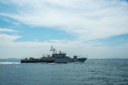 Pattaya, Thailand - November 9, 2017, Navy warship running on sea on the 50th anniversary ASEAN international fleet review 2017 drill in Pattaya, Thailandのeditorial素材
