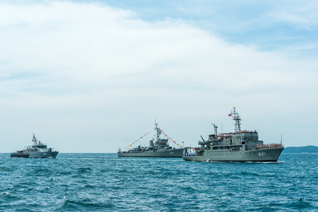 Pattaya, Thailand - November 9, 2017, Navy warship running on sea on the 50th anniversary ASEAN international fleet review 2017 drill in Pattaya, Thailandのeditorial素材