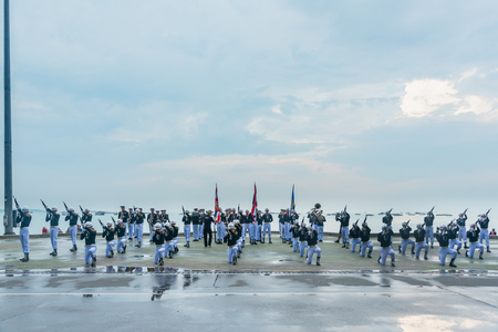 Pattaya, Thailand - November 15, 2017: Thai navy demonstating Fancy Drill on the 50th anniversary ASEAN International Fleet Review 2017 at the beach of Pattaya, Thailand.のeditorial素材