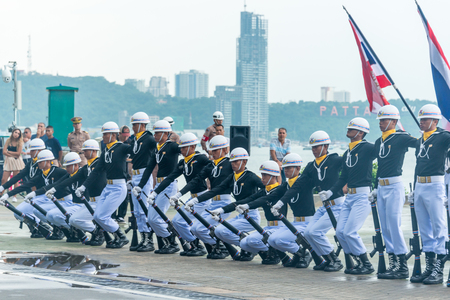Pattaya, Thailand - November 15, 2017: Thai navy demonstating Fancy Drill on the 50th anniversary ASEAN International Fleet Review 2017 at the beach of Pattaya, Thailand.のeditorial素材