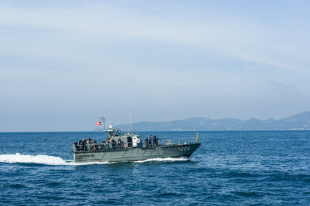 Pattaya, Thailand - November 18, 2017, Navy warship running on sea on the 50th anniversary ASEAN...