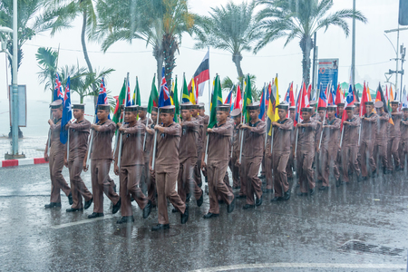 Pattaya, Thailand - November 15, 2017: Navy parade marching drill during raining on the 50th anniversary ASEAN International Fleet Review 2017 at the beach of Pattaya, Thailandのeditorial素材