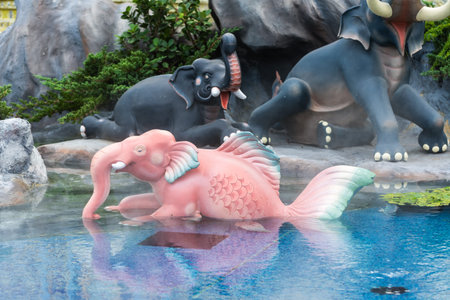 Bangkok, Thailand - December 4, 2017: Elephant fish sculpture, the animal in Thai literature Himmapan to decorate the Royal Crematorium of King Rama IX exhibitionのeditorial素材