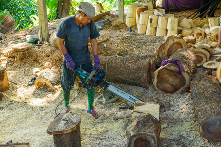 Lampang, Thailand - November 3, 2012: Carpenter cutting a piece of wood by using saw machine to make furniture from wood in the workshop in Lampang, Thailandのeditorial素材