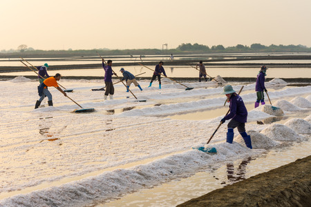 Samut Songkhram, Thailand - March 15, 2015: Workers doing production of  salt in salt farm in Samut Songkhram, Thailandのeditorial素材