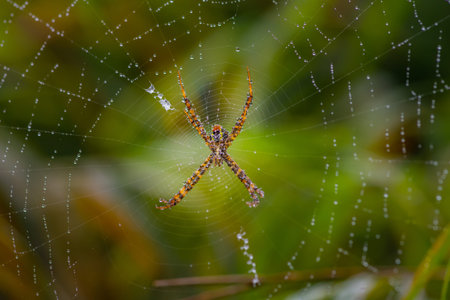 Spider with beautiful spiderweb with raindrop as abstract background in forest (selective focus)