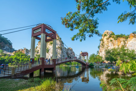 Ratchaburi, Thailand - November 4, 2018: Tourists taking recreation activities in Khao Ngu, beautiful public park in Ratchaburi, Thailandのeditorial素材