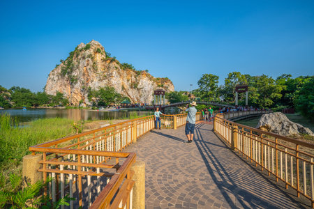 Ratchaburi, Thailand - November 4, 2018: Tourists taking recreation activities in Khao Ngu, beautiful public park in Ratchaburi, Thailandのeditorial素材