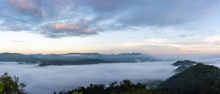 Panorama beautiful view of sea of mist at AyersWeng view point in the morning in public park in...