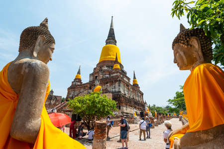 Ayutthaya, Thailand - May 18, 2019: Wat Yai Chaimongkon, the ancient Buddhist temple including ancient pagoda and Buddha statues where is the famous tourism travel destination in Ayutthaya, Thailandのeditorial素材