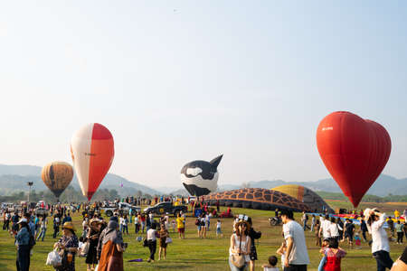 Chiangrai, Thailand - February 15, 2019: Unidentified many people enjoying International Balloon Festival 2019 at Singha park in Chiangrai, Thailandのeditorial素材