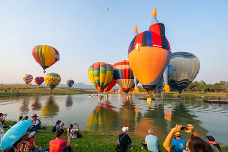 Chiangrai, Thailand - February 15, 2019: Unidentified many people enjoying International Balloon Festival 2019 at Singha park in Chiangrai, Thailandのeditorial素材