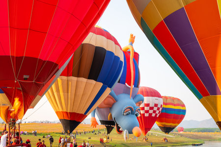 Chiangrai, Thailand - February 15, 2019: Unidentified many people enjoying International Balloon Festival 2019 at Singha park in Chiangrai, Thailandのeditorial素材