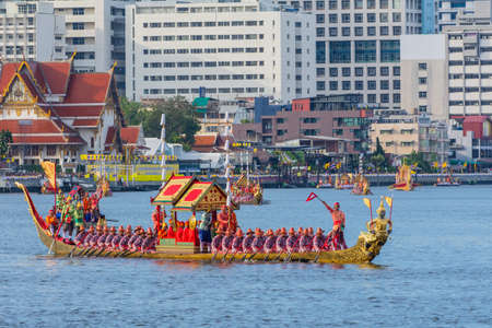 Bangkok, Thailand - October 17, 2019: Rehearsal of traditional Grand Royal Barge Procession in occasion of the Royal Coronation Ceremony of King Rama X on Chaopraya river in Bangkok, Thailandのeditorial素材