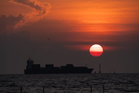 Cargo sailing on the sea during sunset.の写真素材