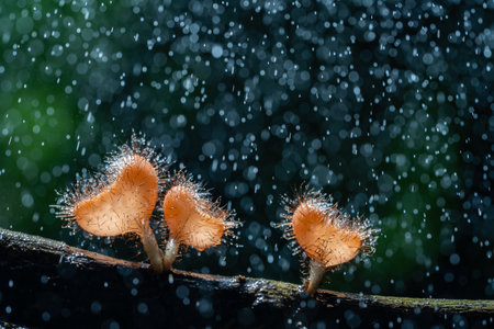 Hairy mushrooms with splash water drops on trunk in forest.の写真素材
