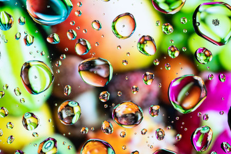 Splash of water drops on glass with colorful background.の写真素材