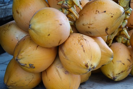 Pile of orange coconuts close-up. Market of fruit and vegetable in Sri Lankaの写真素材