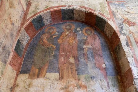 Colorful frescoes in the Church of St. Nicholas the Wonderworker. Ancient Byzantine Greek Church of Saint Nicholas located in the modern town of Demre, Antalya Province, Turkeyのeditorial素材