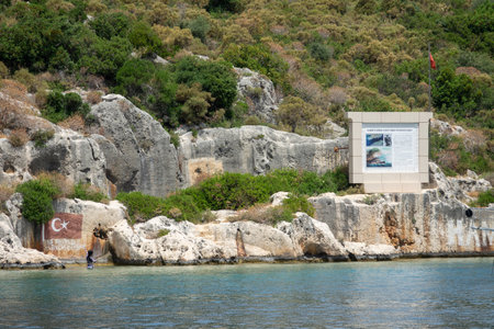 Kalekoy, Turkey - June 03, 2019: Historic place where the battleship Hamidiye under the command of Captain Rauf Orbay anchored for two days February 25-26, 1913. Demre district in Antalya provinceのeditorial素材