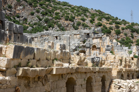 Ruins of the Greek-Roman amphitheatre of the ancient city of Myra in Demre, Antalya Province,...