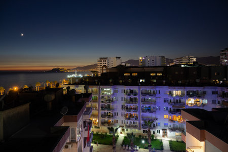 Alanya, Turkey - June 05, 2019: View of the night city of Alanya, district Mahmutlar. View from aboveのeditorial素材