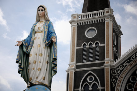 Mary statue in front of Christian church