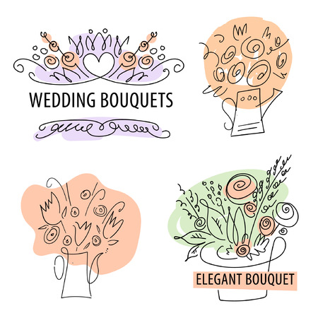 Set of sketch elegant wedding bouquet. Color illustrationのイラスト素材