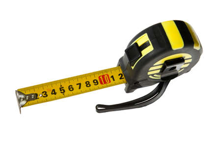 Measurement tool ruler tape stretched out to 12 santimeters close up view from above leftの写真素材