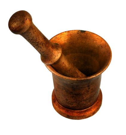 copper mortar and pestle isolated on whiteの写真素材