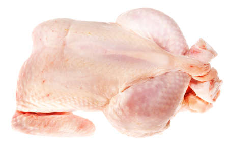 Raw chicken legs up isolated on white backgroundの写真素材