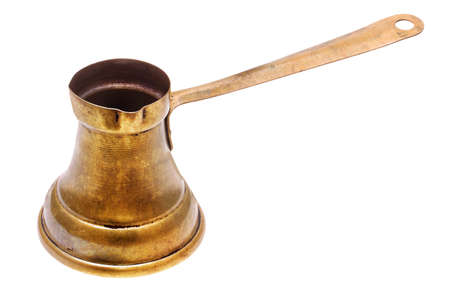 old copper coffeepot with long handle on whiteの写真素材