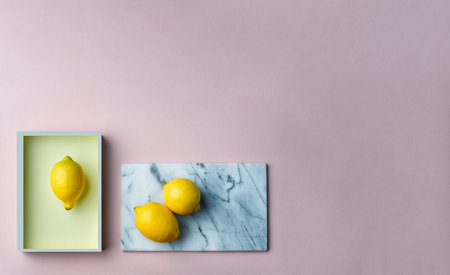 three lemons on a marbled and pink background. With copy space for illustrations or cards